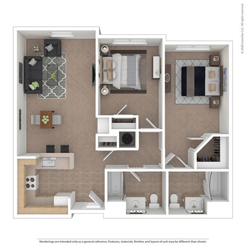 Floor plan for 2 beds, 2 baths, 960 sqft